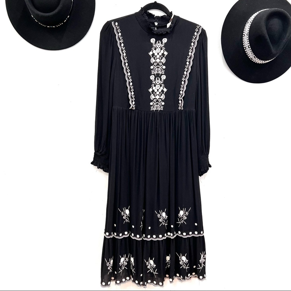 NWT In Loom embroidered Sz S folklore black mock neck midi dress lined